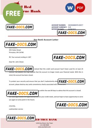 red true bank universal multipurpose bank account reference letter template in Word and PDF format