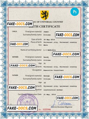mass project universal birth certificate PSD template, completely editable