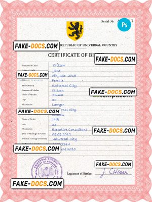 scribe universal birth certificate PSD template, fully editable