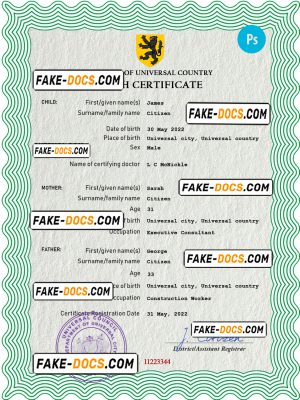 plug universal birth certificate PSD template, completely editable