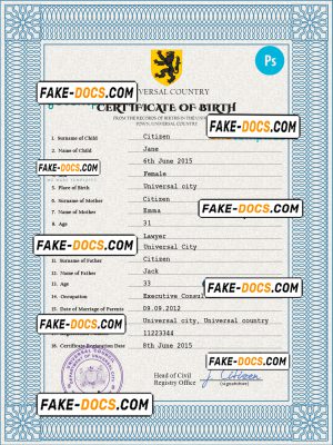 alpha awards universal birth certificate PSD template, completely editable