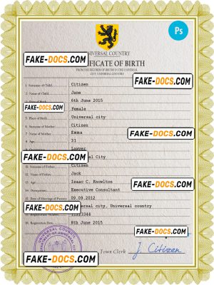 praise universal birth certificate PSD template, completely editable