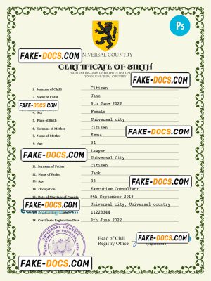foster universal birth certificate PSD template, fully editable