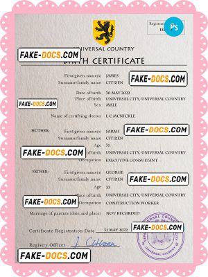 busk universal birth certificate PSD template, fully editable