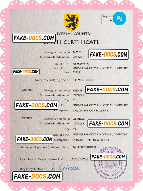 busk universal birth certificate PSD template, fully editable