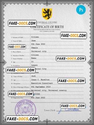 horizon universal birth certificate PSD template, fully editable