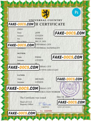 bold universal birth certificate PSD template, fully editable