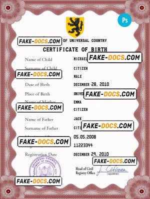 disclosure universal birth certificate PSD template, fully editable