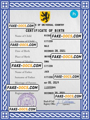 certificatetastic universal birth certificate PSD template, fully editable