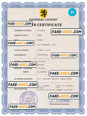 prosper universal birth certificate PSD template, fully editable