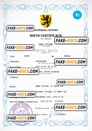 major universal birth certificate PSD template, fully editable