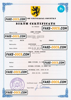 core tide universal birth certificate PSD template, fully editable