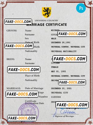 iconic token universal marriage certificate PSD template, completely editable