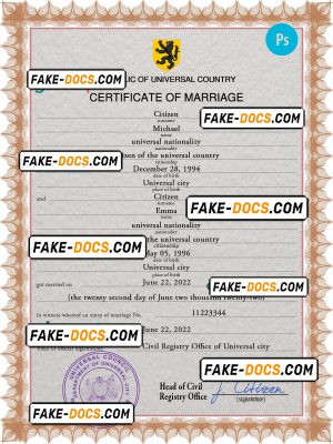 microfilm universal marriage certificate PSD template, fully editable