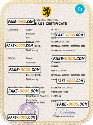 refined universal marriage certificate PSD template, fully editable