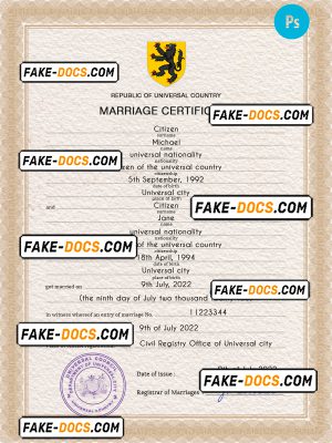 stock universal marriage certificate PSD template, fully editable