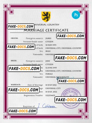 registration universal marriage certificate PSD template, fully editable