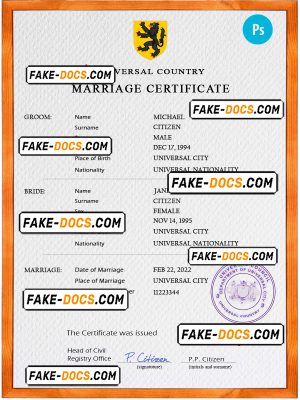 foregorund universal marriage certificate PSD template, completely editable