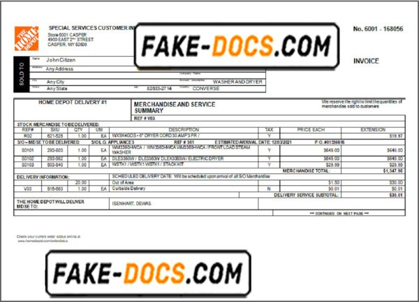 USA The Home Depot invoice template in Word and PDF format, fully editable