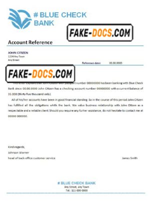 blue check bank template of bank reference letter, Word and PDF format (.doc and .pdf)
