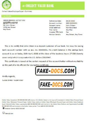 collect value bank universal multipurpose bank account reference template in Word and PDF format