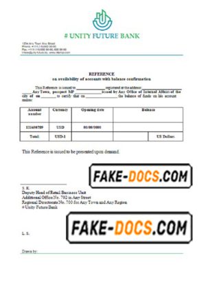 unity future bank universal multipurpose bank account reference template in Word and PDF format