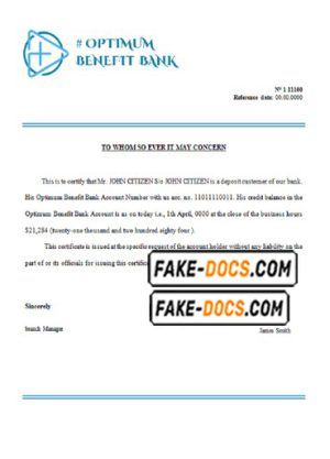 optimum benefit bank universal multipurpose bank account reference template in Word and PDF format