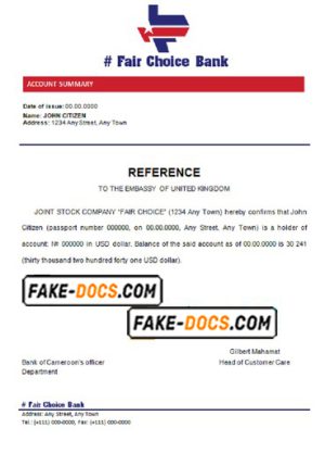 fair choice bank universal multipurpose bank account reference template in Word and PDF format
