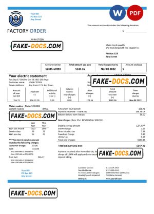 factory order universal multipurpose utility bill, Word and PDF template