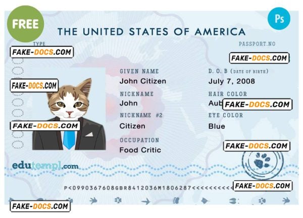 USA cat (animal, pet) electronic passport PSD template, fully editable
