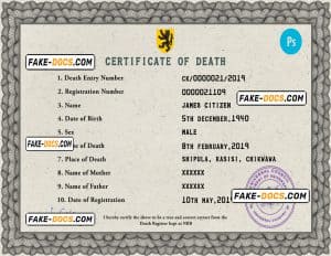 deathprism death universal certificate PSD template, completely editable
