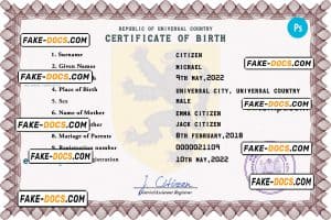discover universal birth certificate PSD template, fully editable