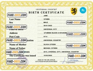 power universal birth certificate PSD template, completely editable