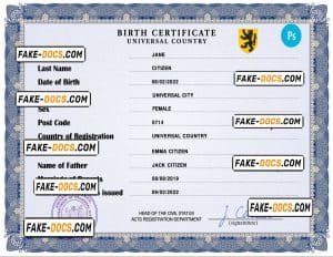 stance universal birth certificate PSD template, completely editable