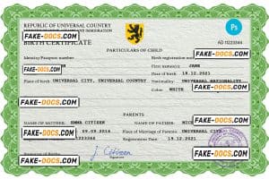 dime project universal birth certificate PSD template, completely editable