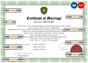 fancy universal marriage certificate Word and PDF template, completely editable