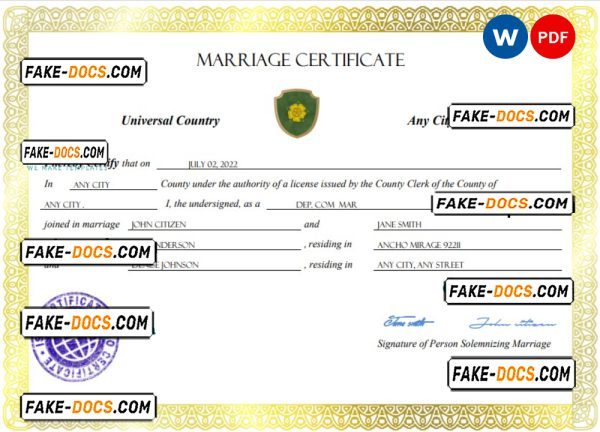 adore universal marriage certificate Word and PDF template, fully editable