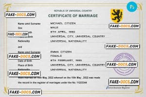 red-eye universal marriage certificate PSD template, completely editable