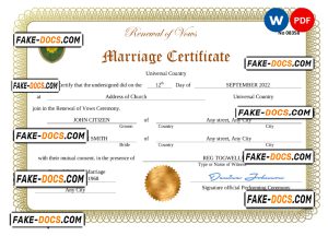romance universal marriage certificate Word and PDF template, completely editable