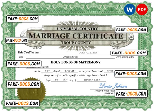 lush design universal marriage certificate Word and PDF template, fully editable