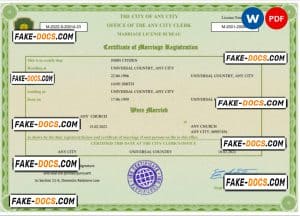 green universal marriage certificate Word and PDF template, fully editable