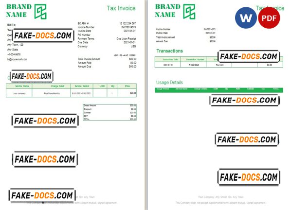 green brand universal multipurpose invoice template in Word and PDF format, fully editable