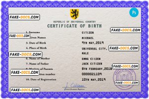 bold universal birth certificate PSD template, completely editable