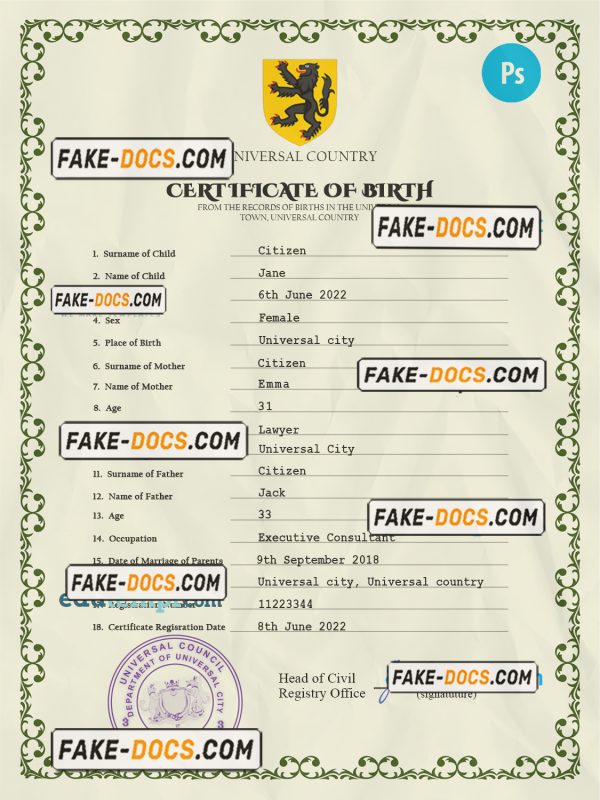foster universal birth certificate PSD template, fully editable scan