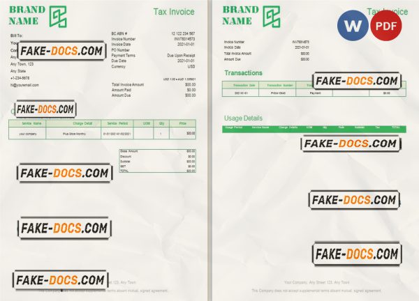 green brand universal multipurpose invoice template in Word and PDF format, fully editable scan