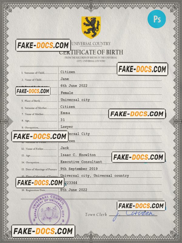horizon universal birth certificate PSD template, fully editable scan