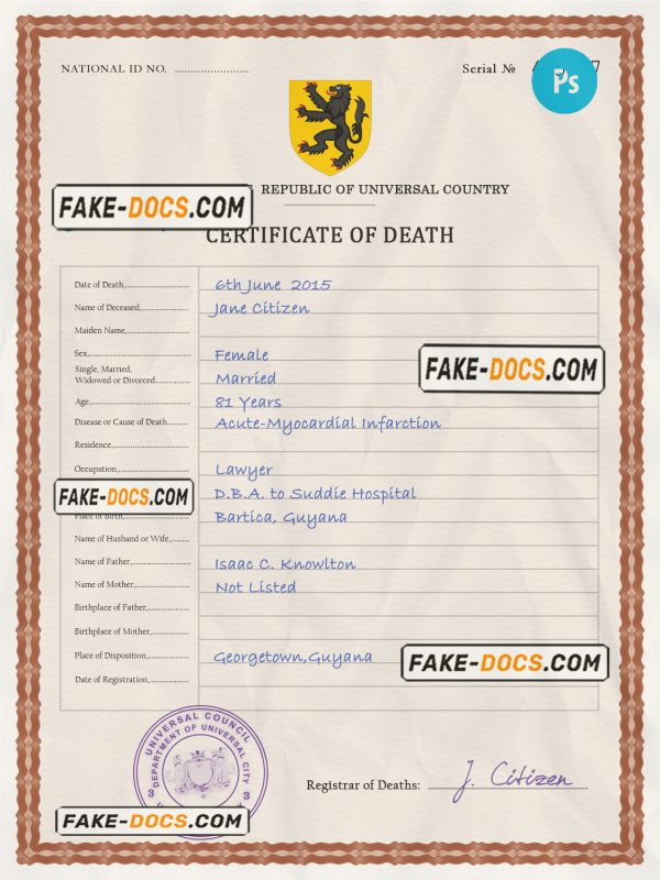 horizon vital record death certificate universal PSD template scan