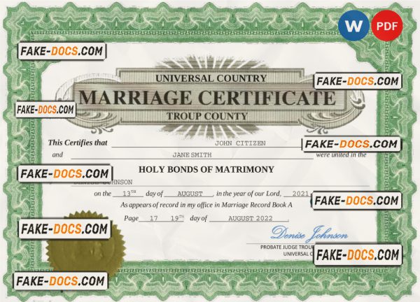 lush design universal marriage certificate Word and PDF template, fully editable scan