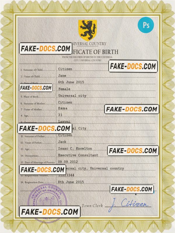 praise universal birth certificate PSD template, completely editable scan