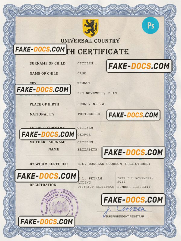 prosper universal birth certificate PSD template, fully editable scan